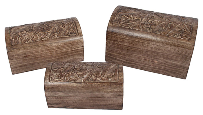 Mango Wood Leaf Design Set Of 3 Domed Boxex